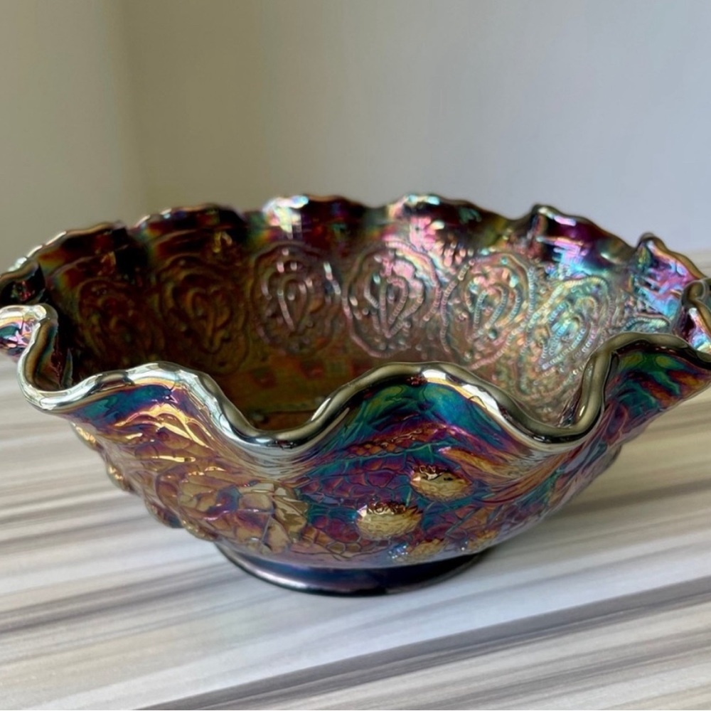 Vintage Fenton Persian Medallion Black Amethyst Carnival Glass Ruffled Bowl